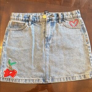 Forever 21 Blue Denim Skirt with Cherry and Heart Embroidery